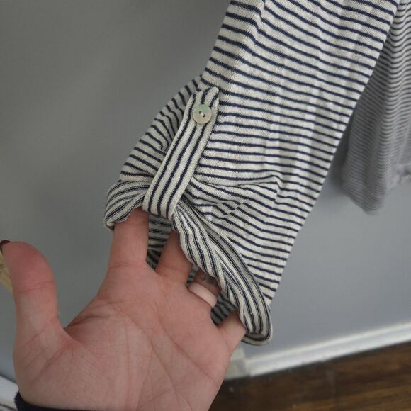 Adrienne Vittadini Navy White Striped 100% Linen Stretch Button Back Top Large - Picture 6 of 10